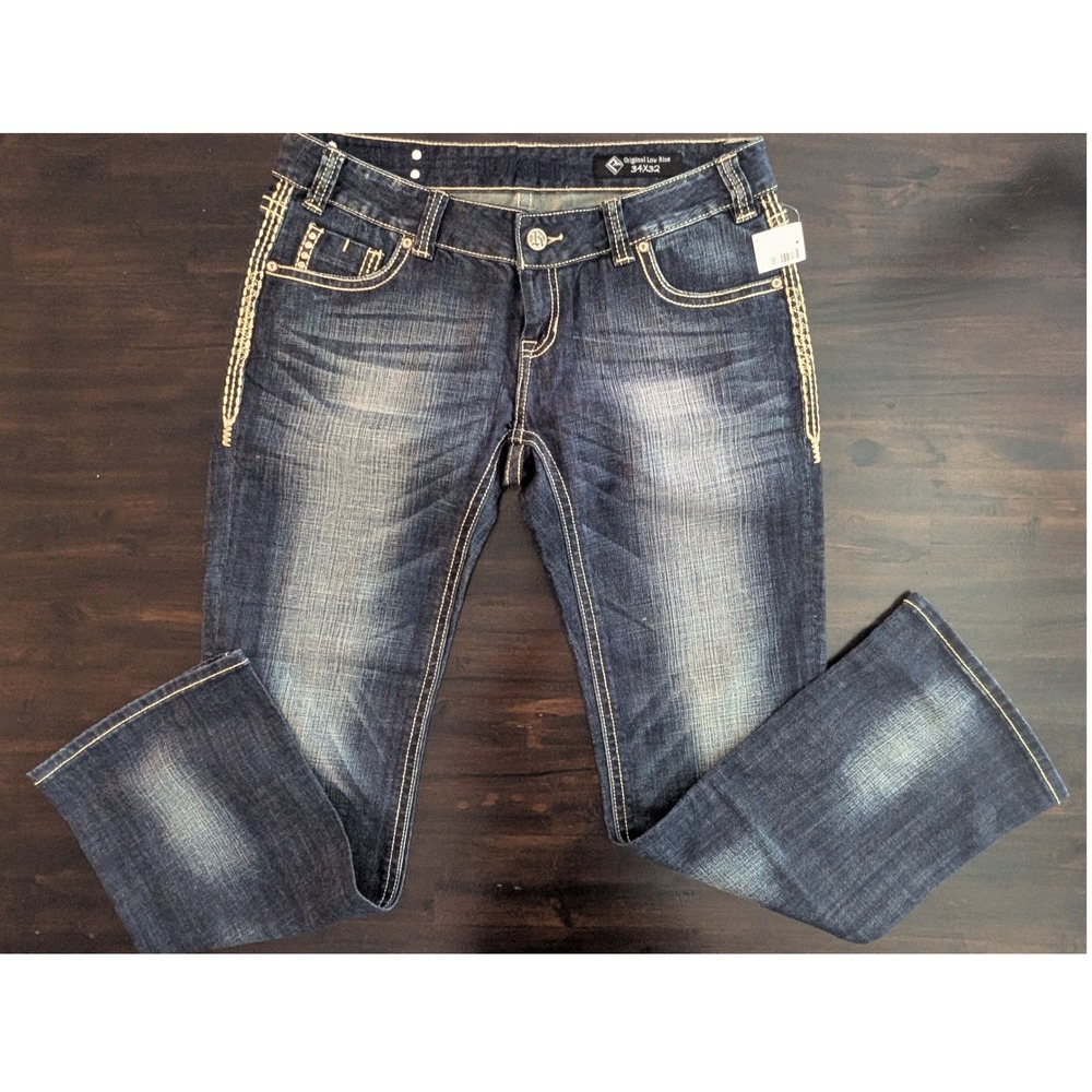 Rock and Roll Cowgirl Original Low Rise Bootcut Jeans Dark Wash 34x32 NWT